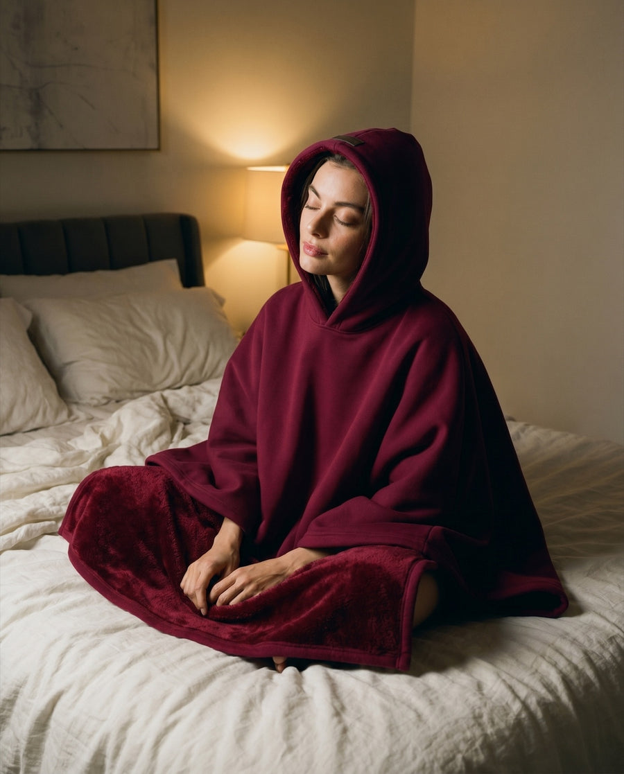 The Exhale in Wine, worn hood-up at home