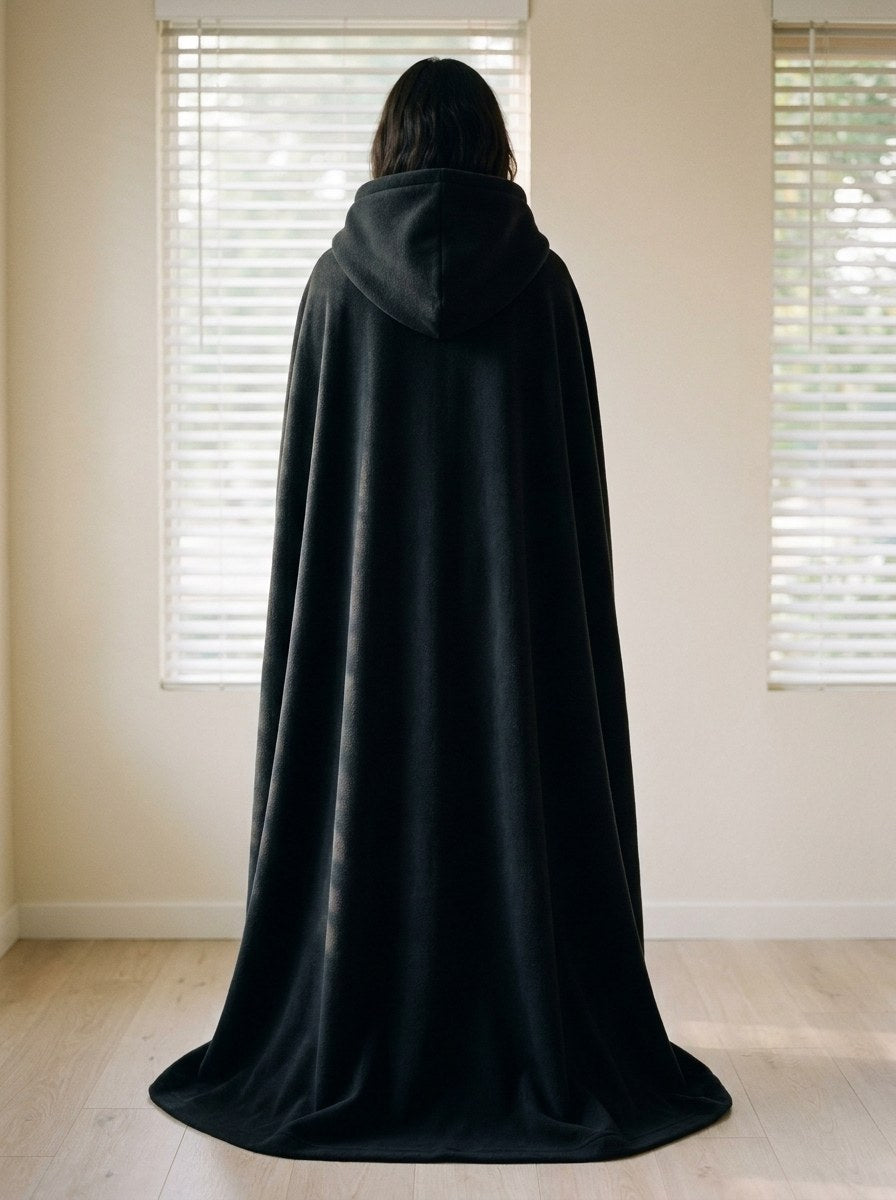The Exhale in Obsidian seen from behind, hood up, the full floor-length drape visible