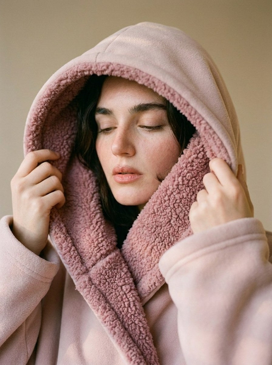Close on the deep sherpa-lined hood of The Exhale in Rose, drawn around the face