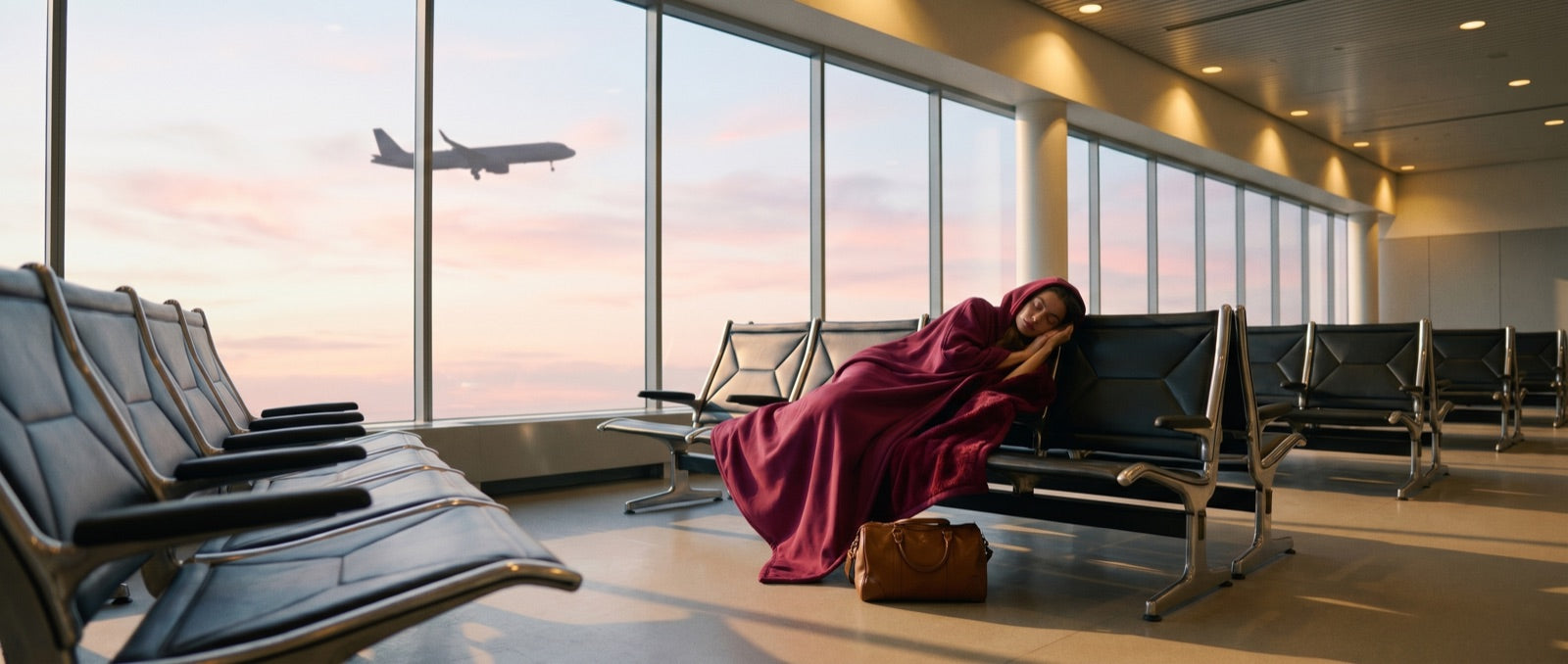 Enfold in Wine, asleep across the seats of an empty airport gate at dawn