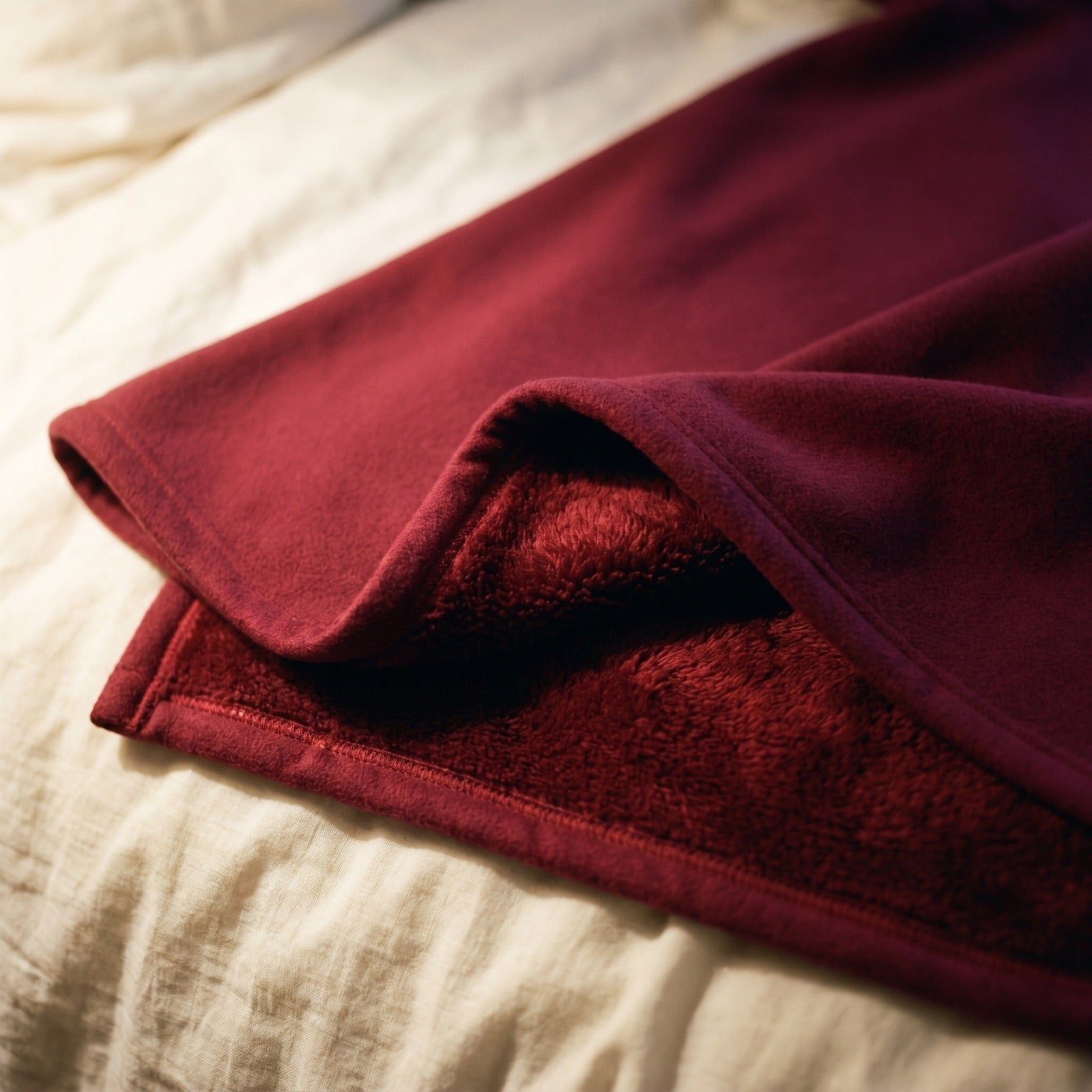 Corner folded back: matte fleece outside, deep-pile faux fur within