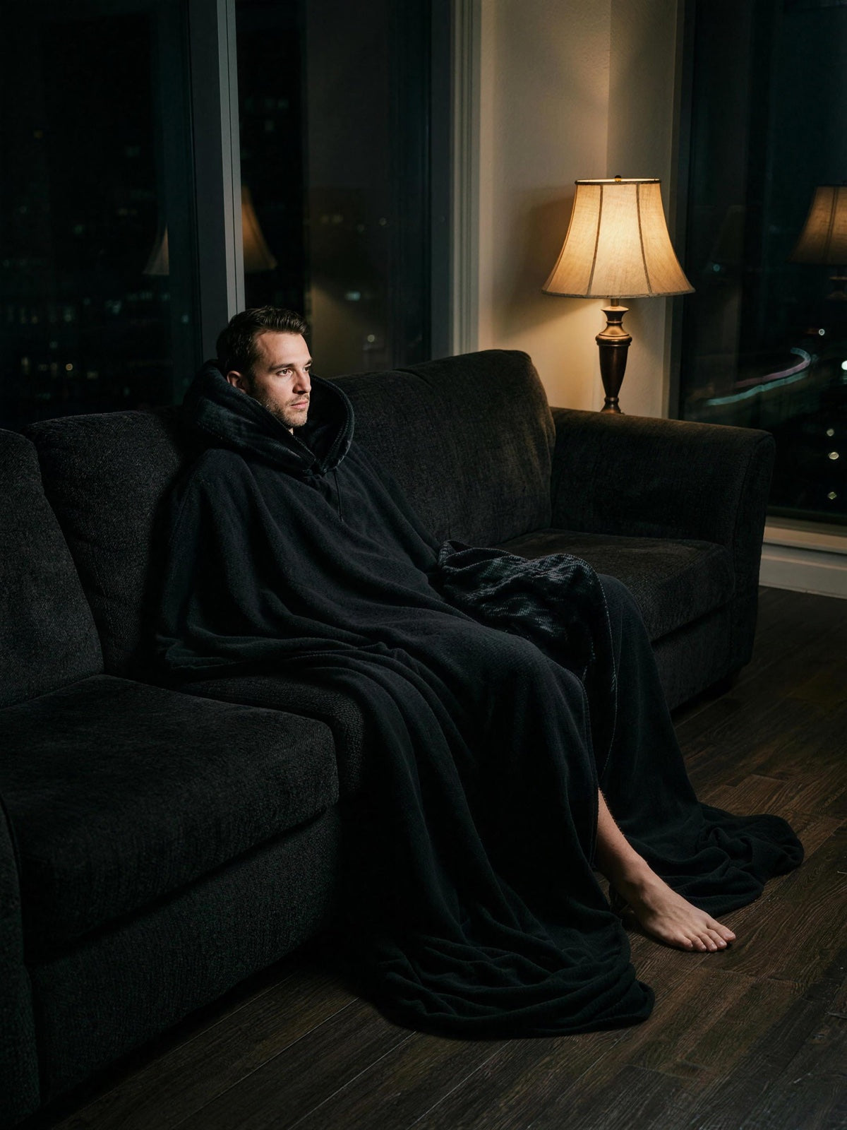 A man wrapped in Enfold on the sofa