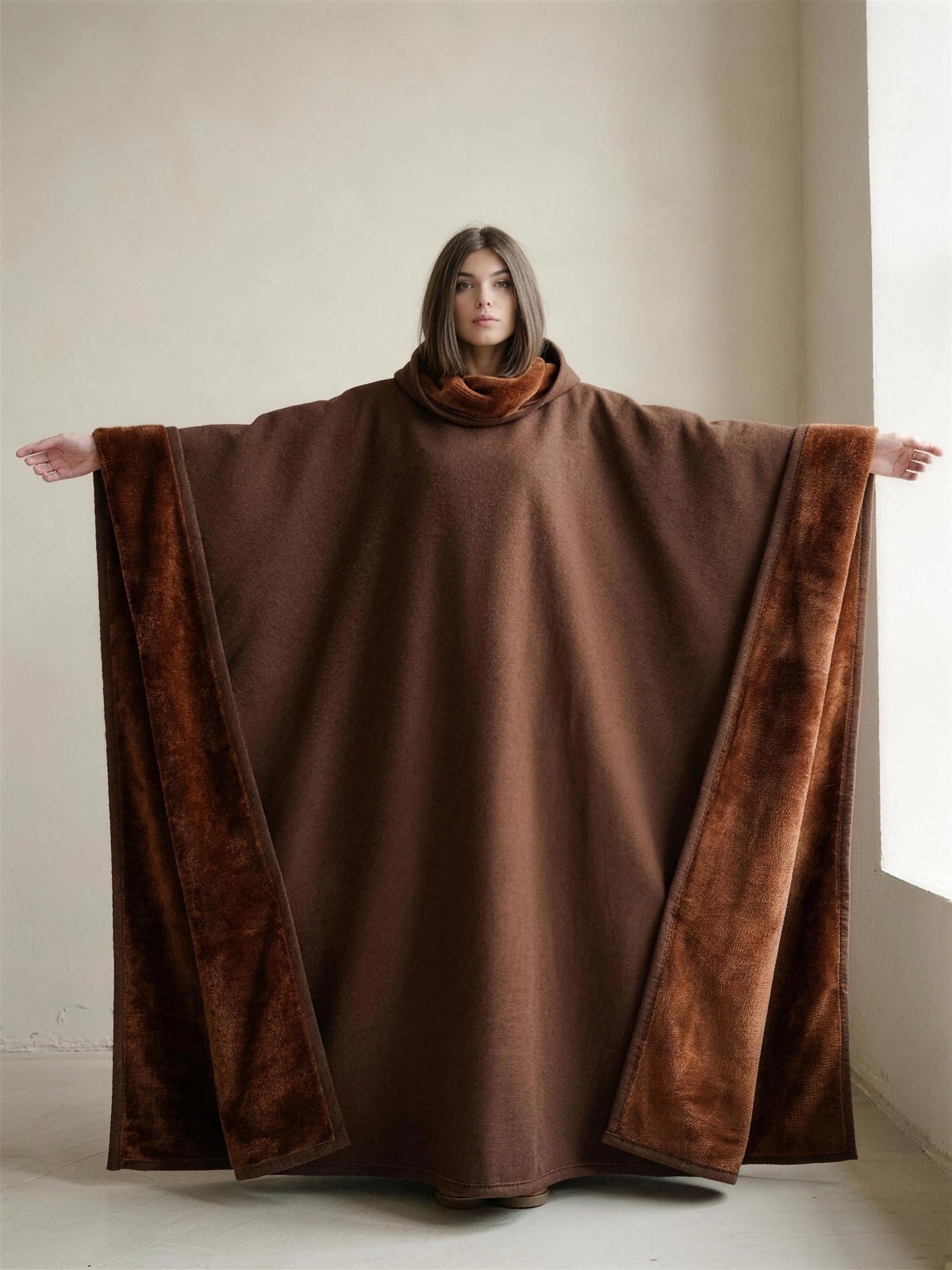 Enfold held open at full wingspan, the open sides and faux fur interior visible