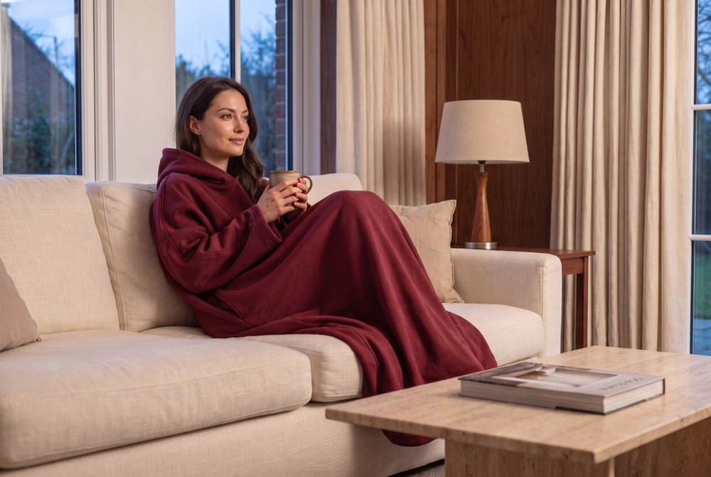 A woman curled up on a sofa in a Wine Enfold, holding a warm drink with both hands.